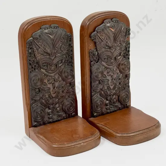 Pair of NZ Giftware by Kingsley Bookends with Applied Fine Maori Motifs