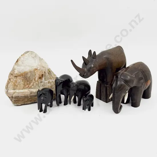 Various Hardwood Carved Elephants & Rhino & Quartz Gem