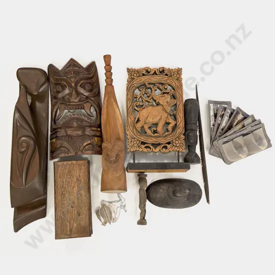 Various Carved Wood Artefacts Masks etc