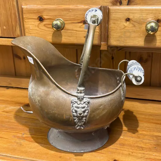Copper Coal Scuttle with Blue & White Ceramic Handles
