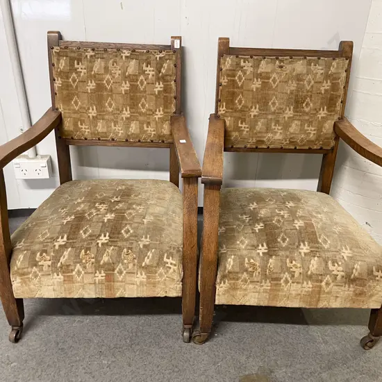 Pair of Oak Low Fireside Armchairs