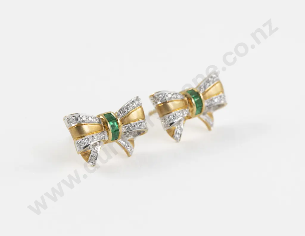 Pair 18ct Emerald and Diamond Bow Earrings Image 1++