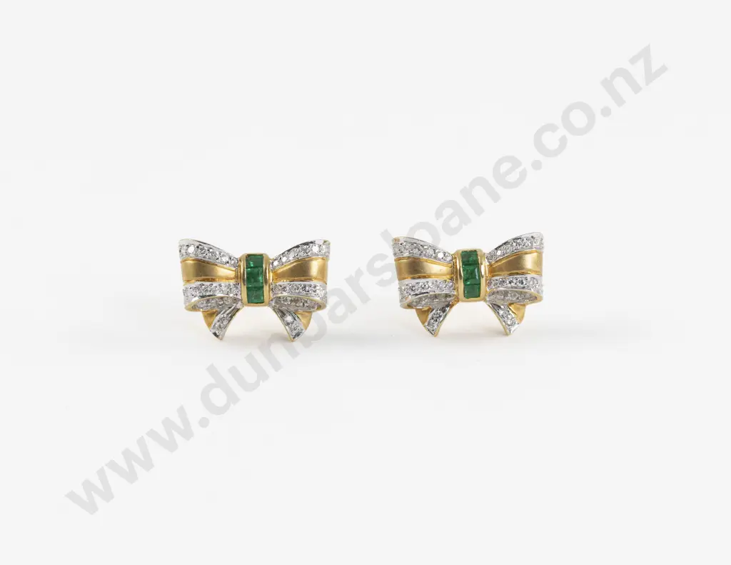 Pair 18ct Emerald and Diamond Bow Earrings Image 1++