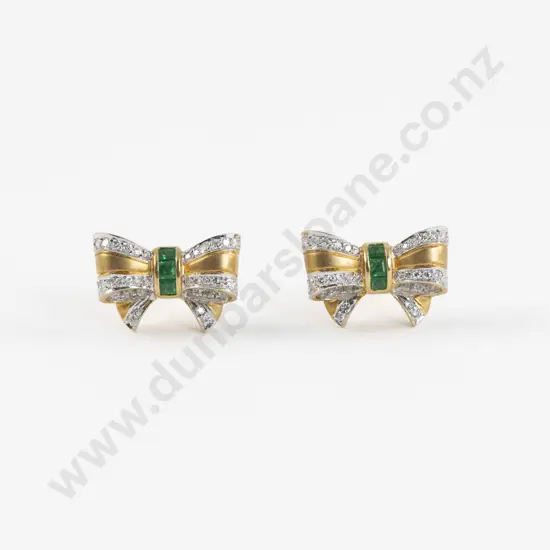 Pair 18ct Emerald and Diamond Bow Earrings