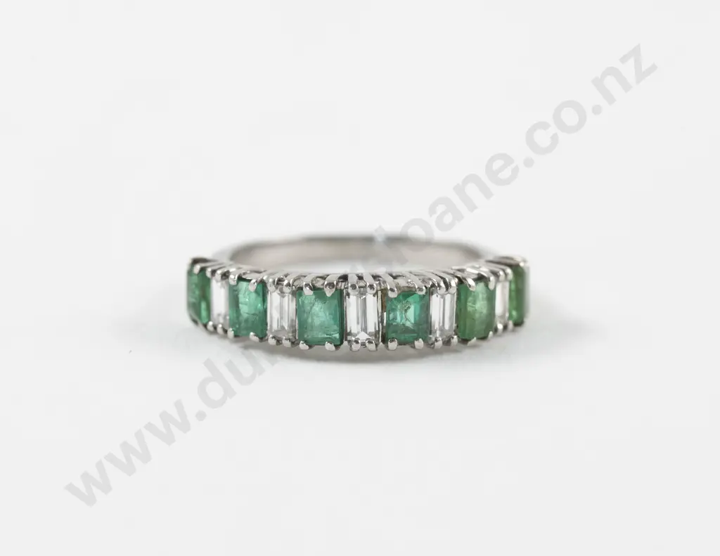 All Platinum Eleven Stone Emerald and Diamond Bridge Ring Image 1++