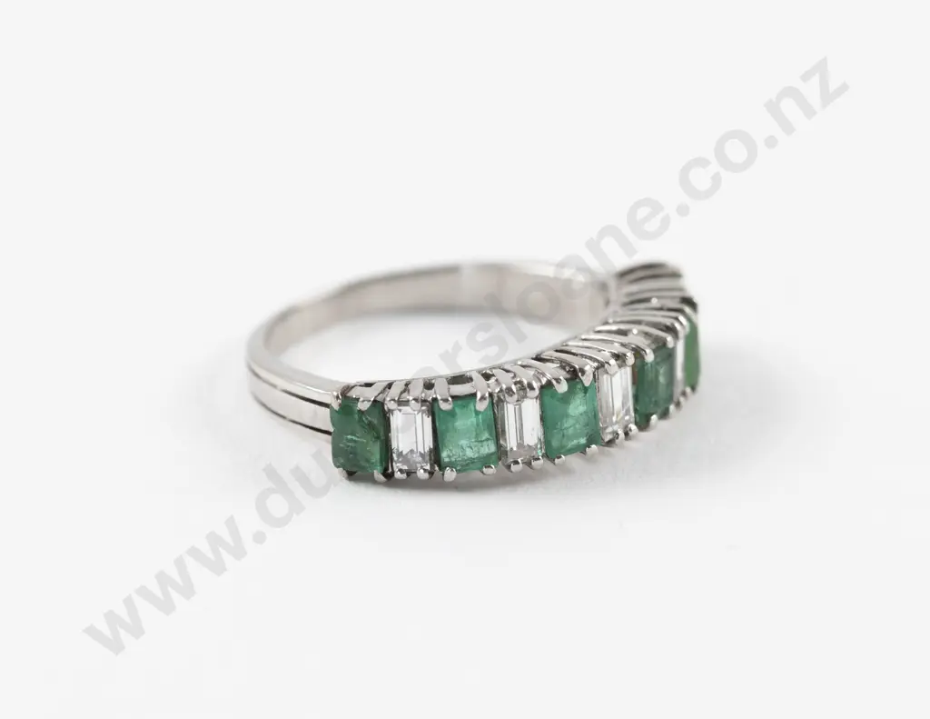 All Platinum Eleven Stone Emerald and Diamond Bridge Ring Image 1++
