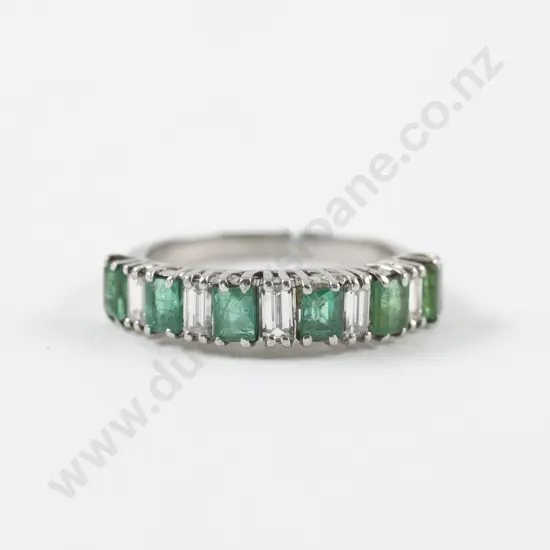 All Platinum Eleven Stone Emerald and Diamond Bridge Ring