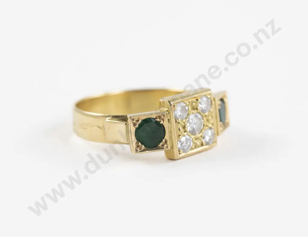 18ct Seven Stone Diamond and Emerald Gents Dress Ring Image 1++