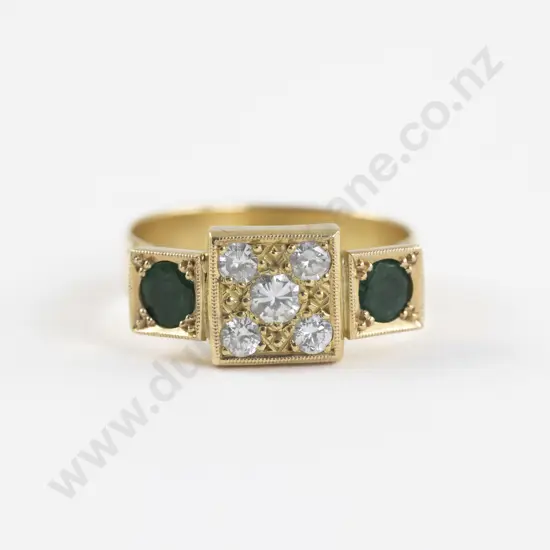 18ct Seven Stone Diamond and Emerald Gents Dress Ring