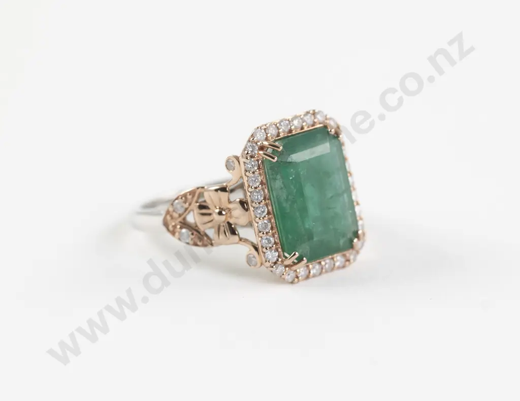 14ct Rose and White Gold Emerald and Diamond Dress Ring Image 1++