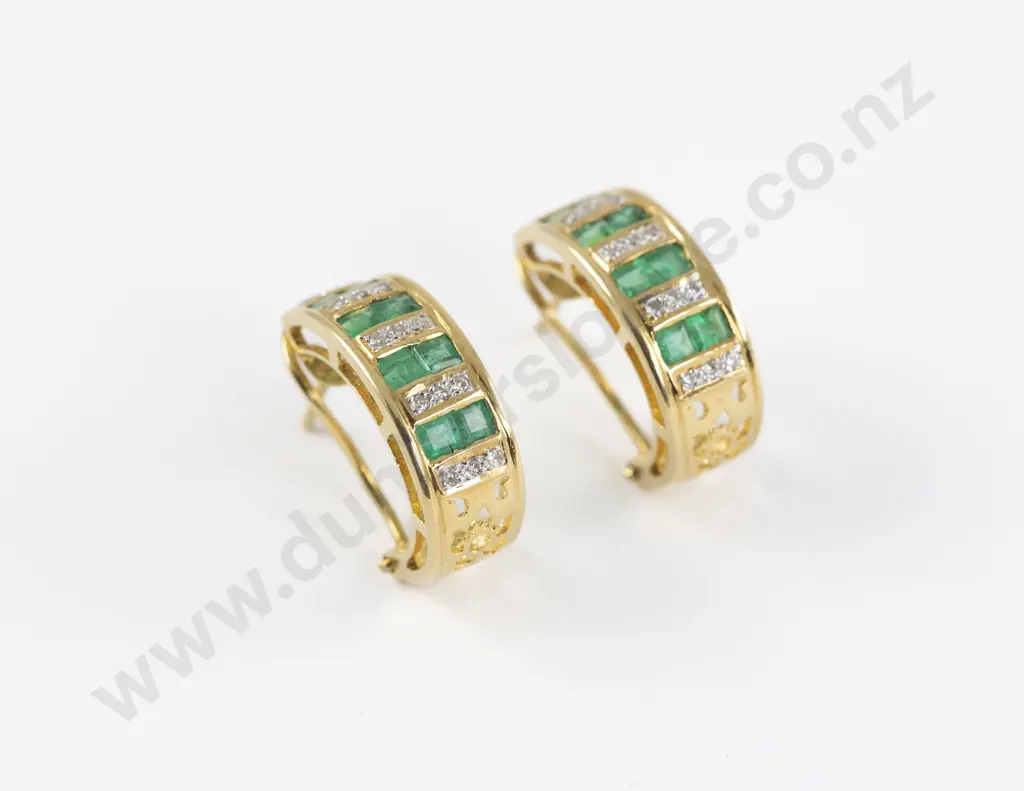 Pair 18ct Emerald and Diamond Hoop Earrings Image 1++