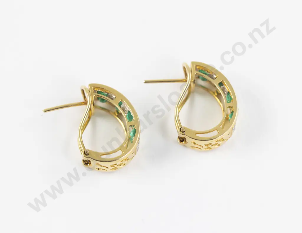 Pair 18ct Emerald and Diamond Hoop Earrings Image 1++