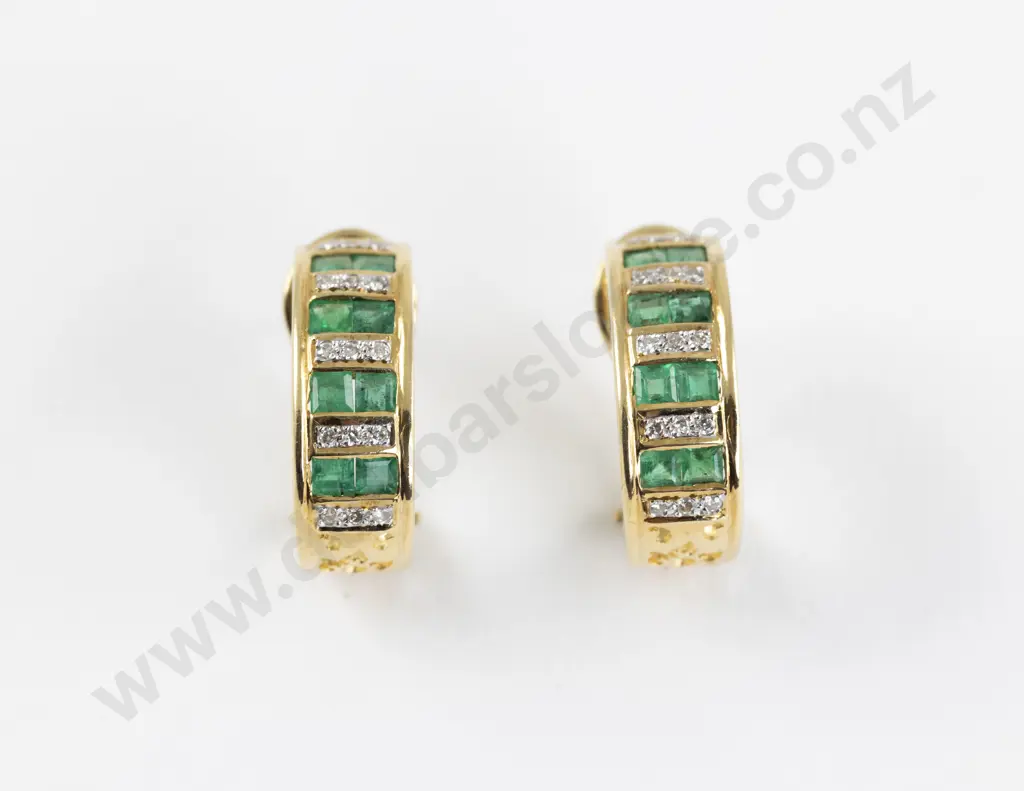 Pair 18ct Emerald and Diamond Hoop Earrings Image 1++