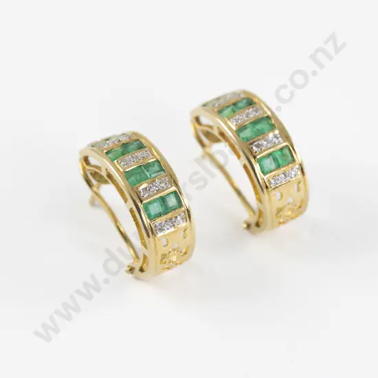 Pair 18ct Emerald and Diamond Hoop Earrings