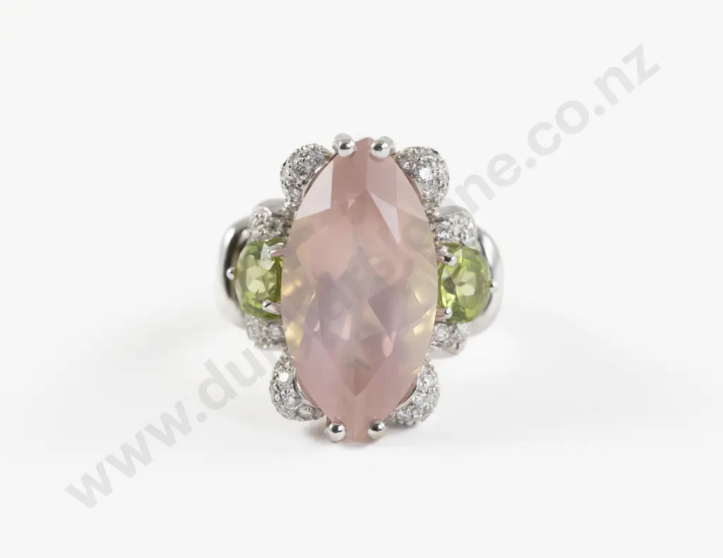 18ct White Gold Rose Quartz Peridot and Diamond Dress Ring Image 1++