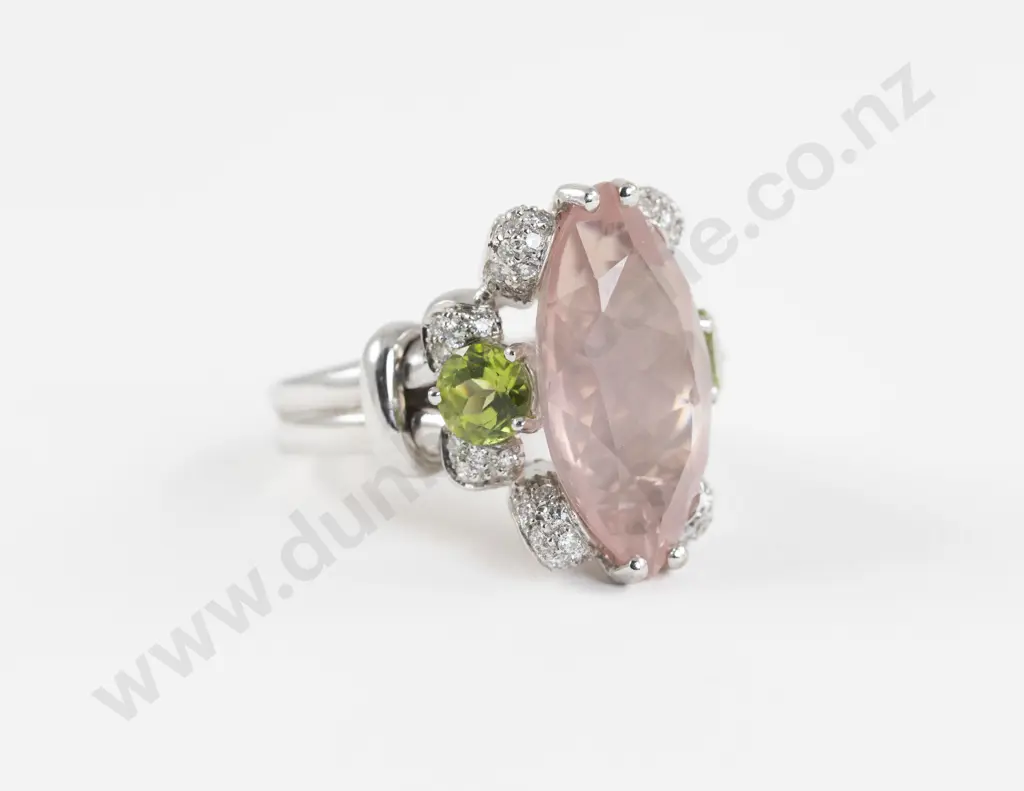 18ct White Gold Rose Quartz Peridot and Diamond Dress Ring Image 1++