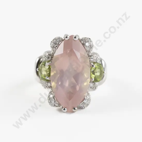 18ct White Gold Rose Quartz Peridot and Diamond Dress Ring