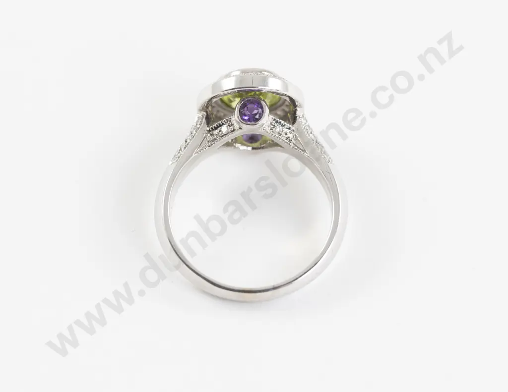 14ct White Gold Peridot Amethyst and Diamond Cluster Ring Image 1++