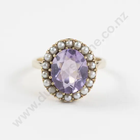 9ct Single Amethyst and Pearl Cluster Ring
