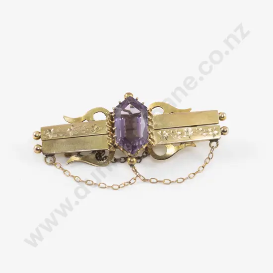 Victorian 15ct Single Stone Amethyst Double Bar Brooch