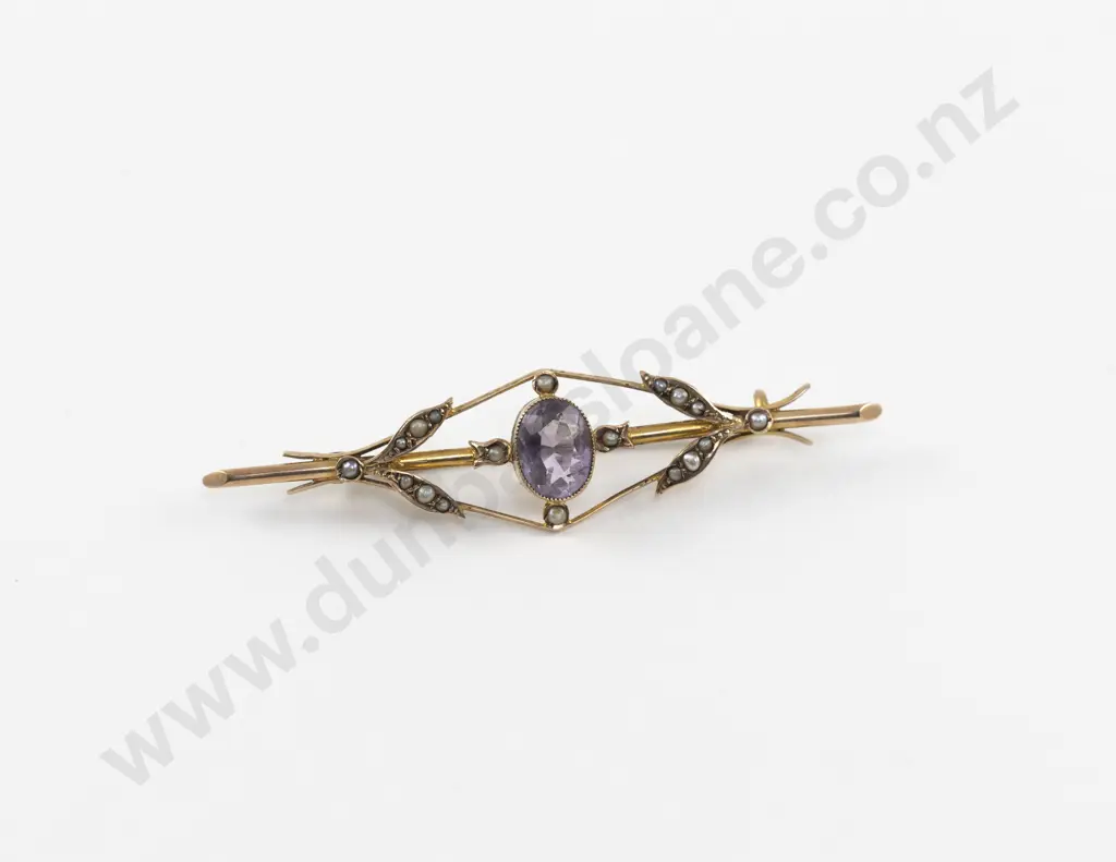 Victorian 9ct Single Amethyst and Seed Pearl Bar Brooch Image 1++