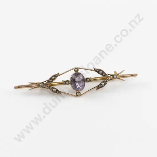 Victorian 9ct Single Amethyst and Seed Pearl Bar Brooch