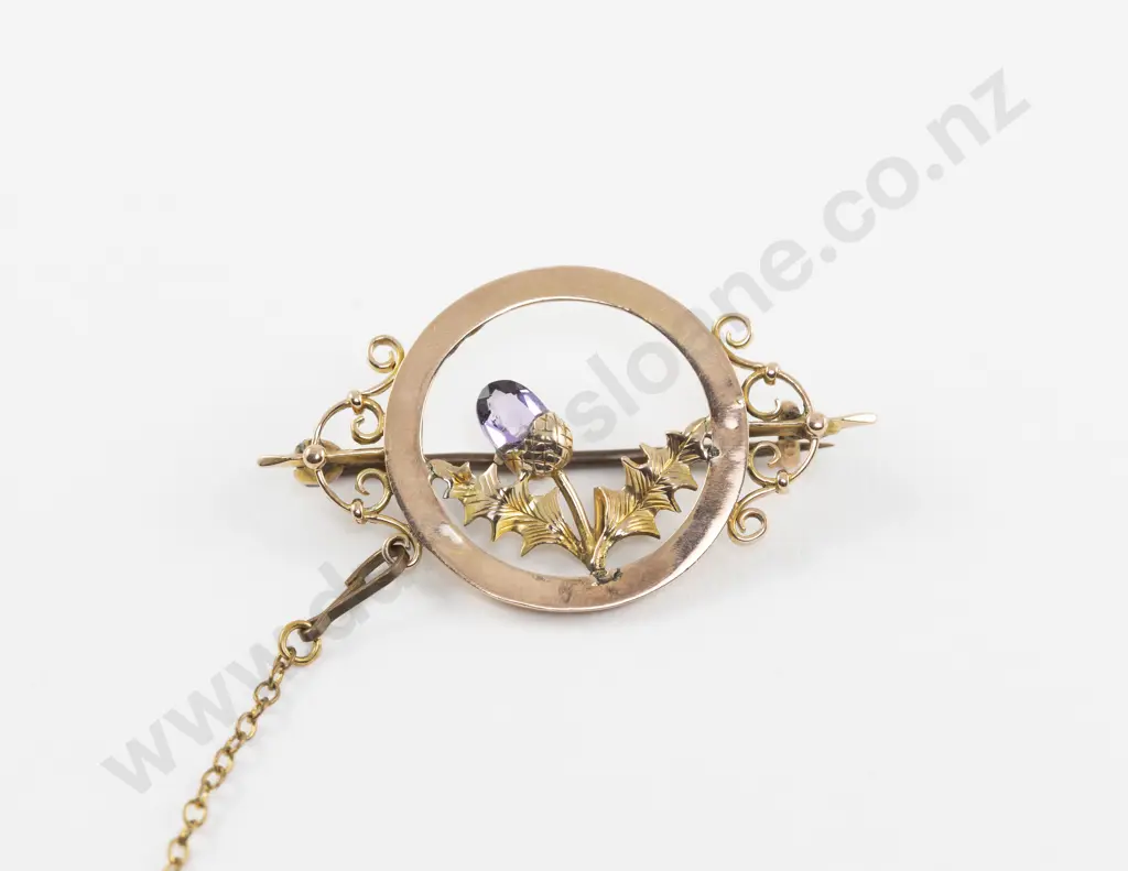 9ct Single Stone Amethyst Circular Brooch Image 1++