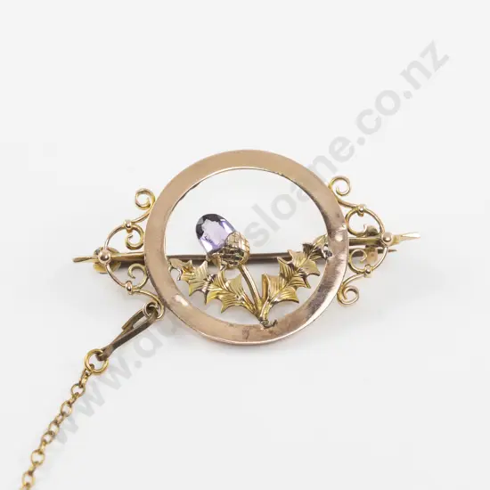 9ct Single Stone Amethyst Circular Brooch