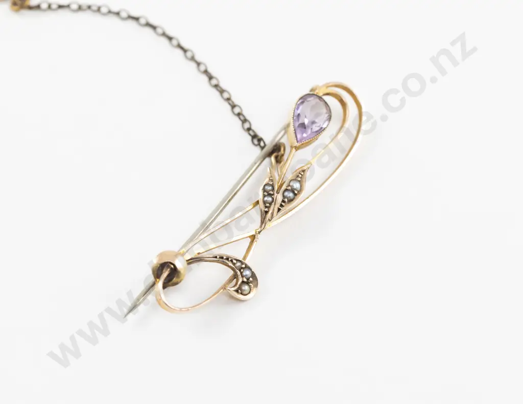 Victorian 9ct Single Amethyst and Seed Pearl Scroll Brooch Image 1++