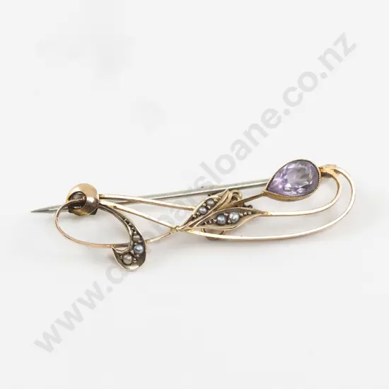 Victorian 9ct Single Amethyst and Seed Pearl Scroll Brooch