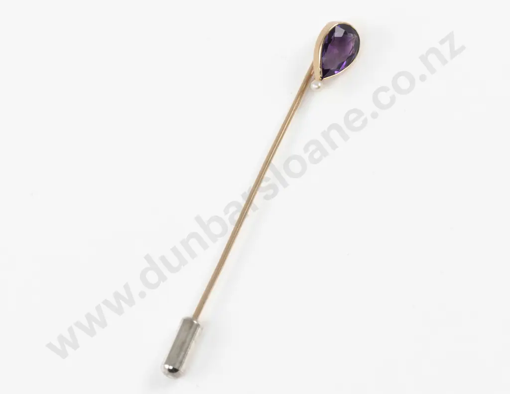 Victorian 9ct Single Amethyst and Pearl Stick Pin Image 1++