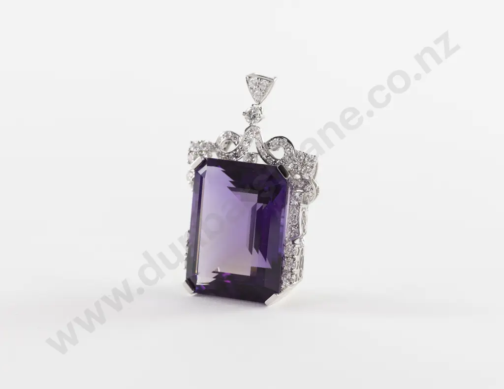 18ct White Gold 52Stone Amethyst and Diamond Pendant Image 1++
