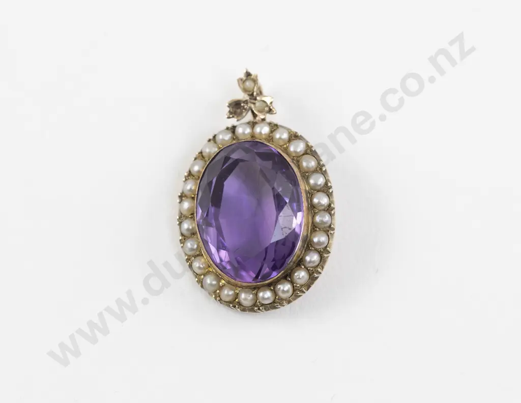 Victorian 9ct Single Amethyst and Pearl Cluster Pendant Image 1++