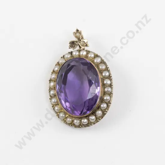 Victorian 9ct Single Amethyst and Pearl Cluster Pendant