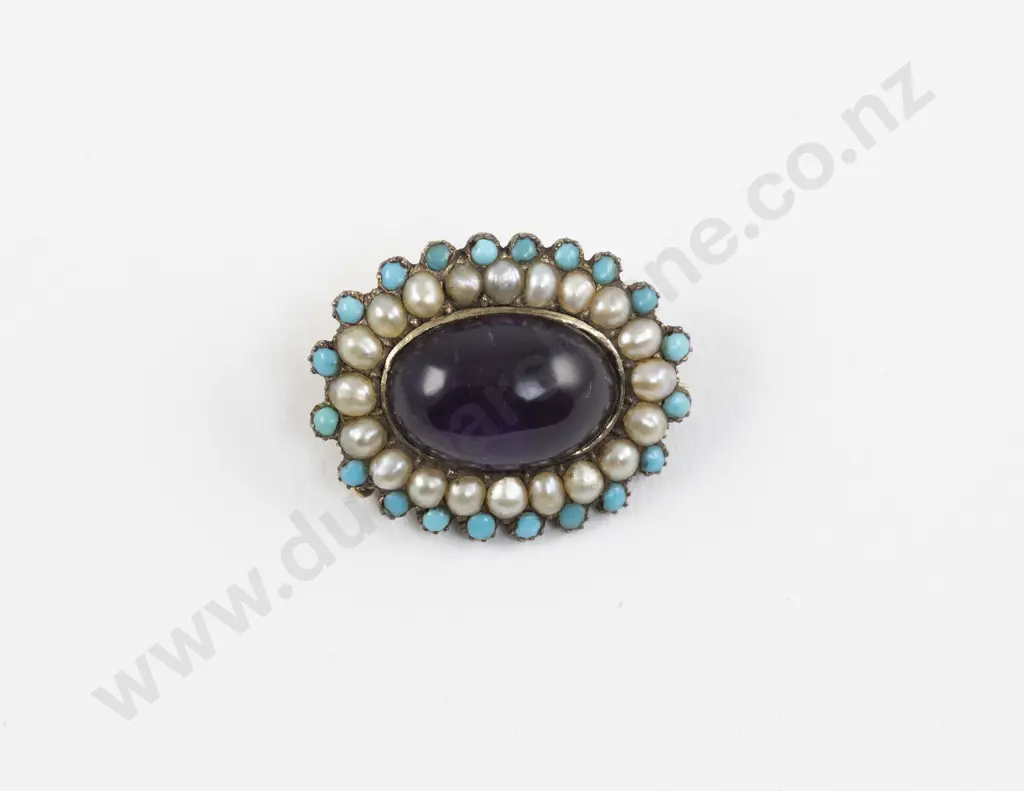 Victorian 9ct Amethyst Pearl and Turquoise Cluster Brooch Image 1++