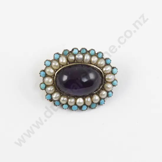 Victorian 9ct Amethyst Pearl and Turquoise Cluster Brooch