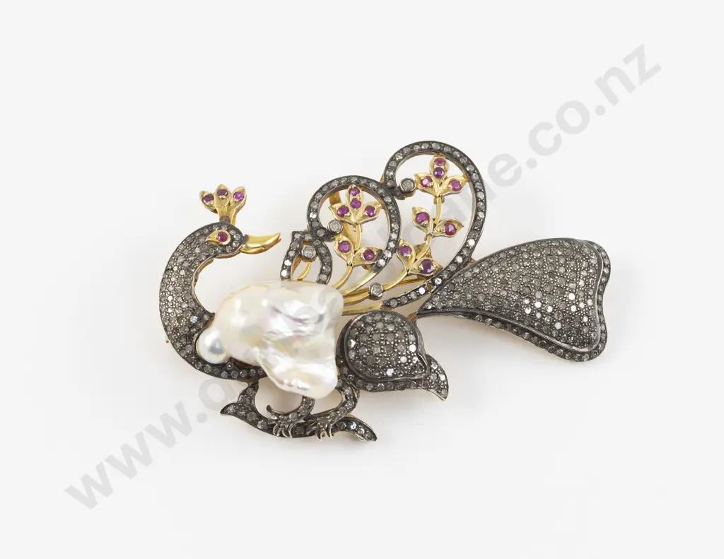 14ct Keshi Pearl Ruby and Diamond Peacock Brooch Image 1++