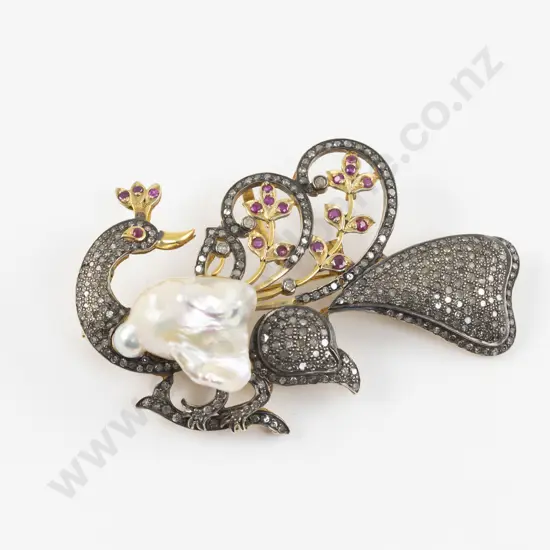 14ct Keshi Pearl Ruby and Diamond Peacock Brooch