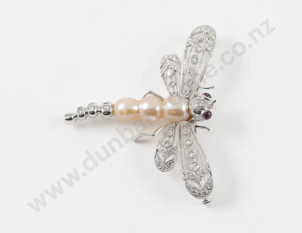 18ct White Gold 70Stone Diamond Ruby and Pearl Dragon Fly Brooch Image 1++