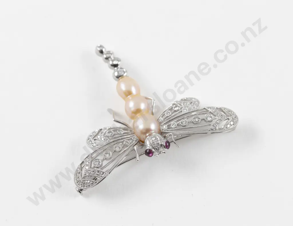 18ct White Gold 70Stone Diamond Ruby and Pearl Dragon Fly Brooch Image 1++