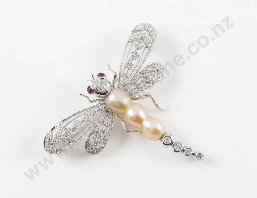 18ct White Gold 70Stone Diamond Ruby and Pearl Dragon Fly Brooch Image 1++