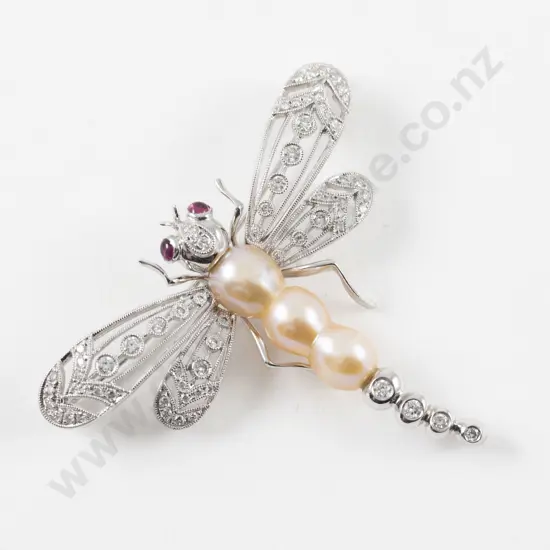18ct White Gold 70Stone Diamond Ruby and Pearl Dragon Fly Brooch
