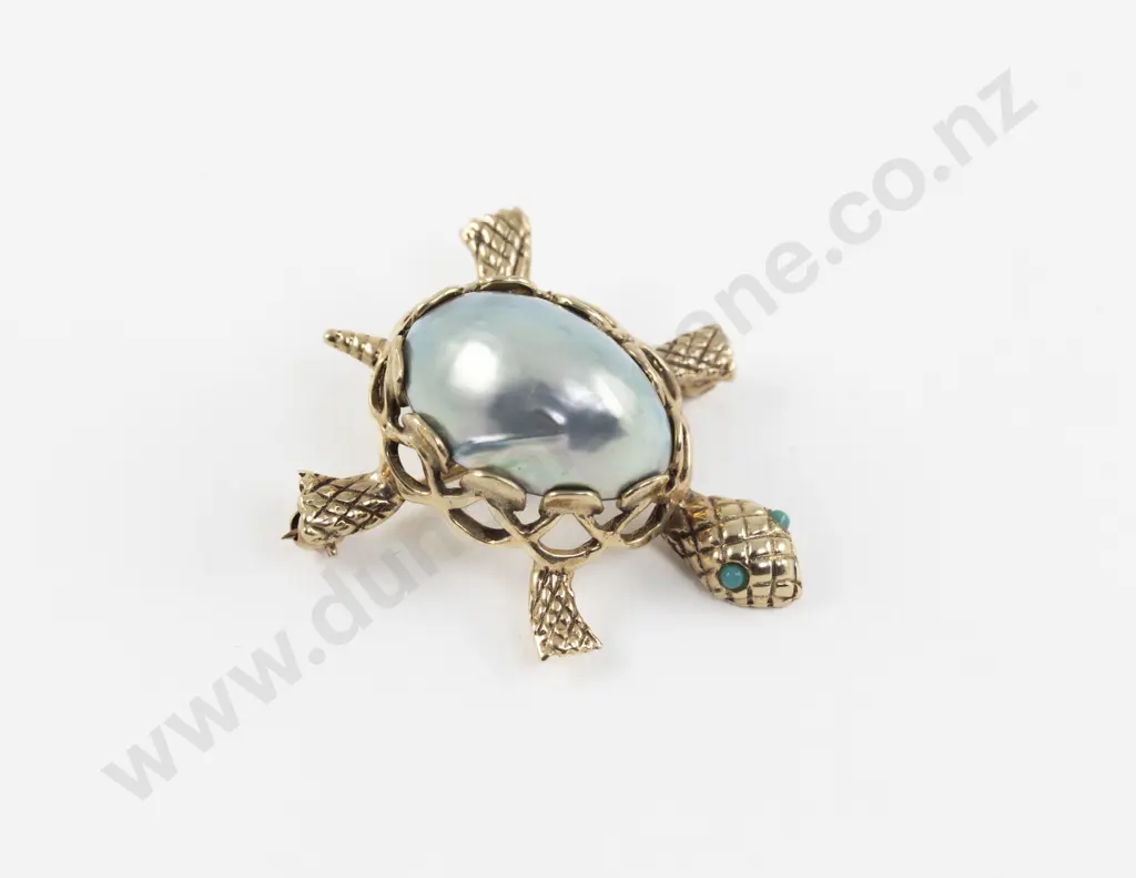 14ct Single Mabe Pearl and Turquoise Turtle Brooch Image 1++
