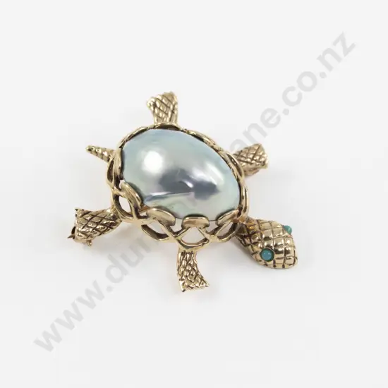 14ct Single Mabe Pearl and Turquoise Turtle Brooch