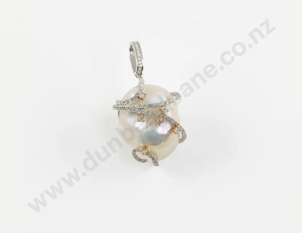 18ct White Gold Large Keshi Pearl and Diamond Pendant Image 1++