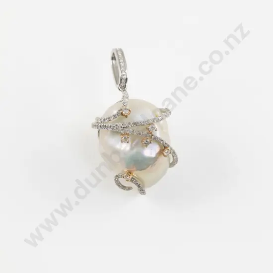 18ct White Gold Large Keshi Pearl and Diamond Pendant