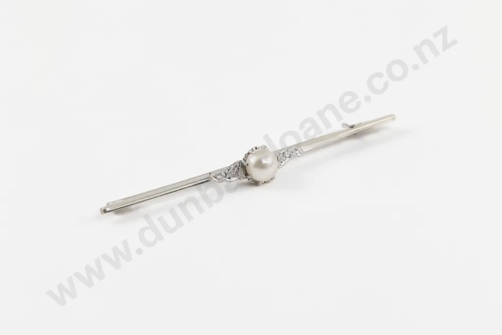 9ct White Gold and Platinum Five Stone Pearl and Diamond Bar Brooch Image 1++