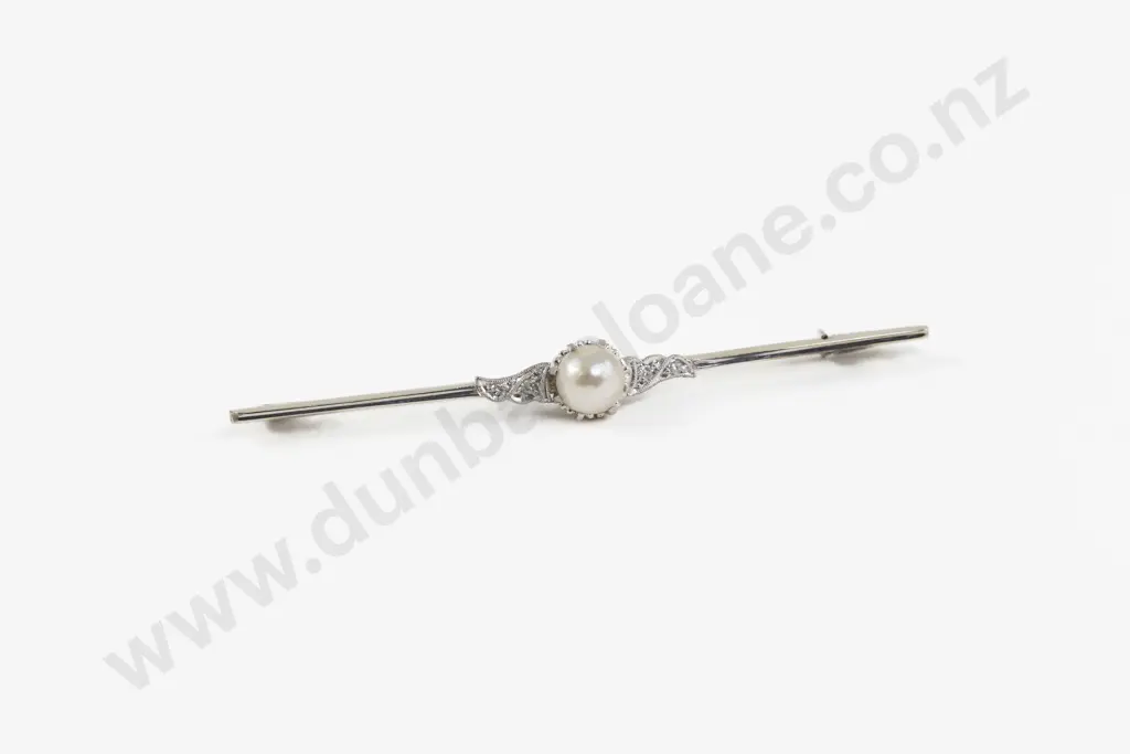 9ct White Gold and Platinum Five Stone Pearl and Diamond Bar Brooch Image 1++