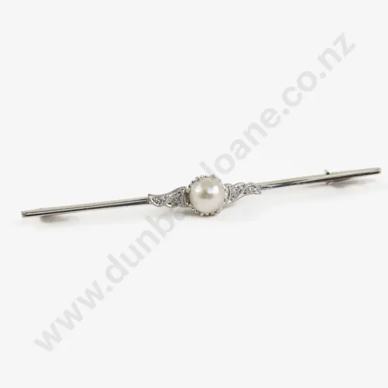 9ct White Gold and Platinum Five Stone Pearl and Diamond Bar Brooch