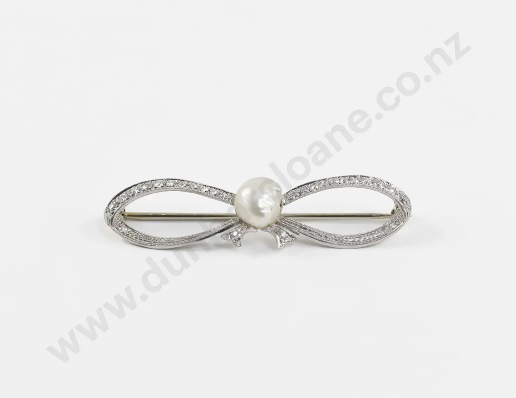 14ct White Gold Single Keshi Pearl and Diamond Bow Brooch Image 1++